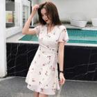 Short-sleeve Cherry Print Mini Wrap Dress