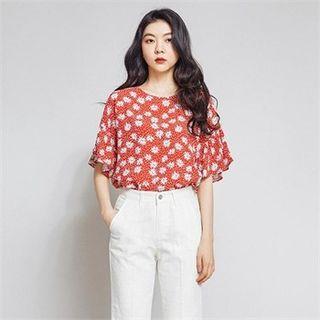Drop-shoulder Shirred-sleeve Floral Silky Top