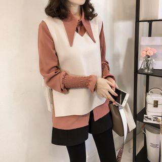 Set: Long-sleeve Shirred Shirt + Tie-waist Knit Vest