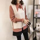 Set: Long-sleeve Shirred Shirt + Tie-waist Knit Vest