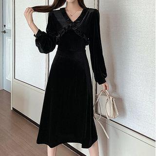 Long-sleeve Velvet Frill Trim Midi A-line Dress