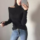 Long-sleeve Cut-out Turtleneck Knit Top Black - One Size