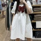 Puff-sleeve Ribbon Mini A-line Dress Dress - White - One Size