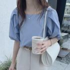 Square Neck Plain Ruched Flare Short Sleeve Top