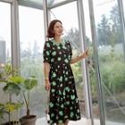 Knit-collar Floral Print Dress Brown - One Size