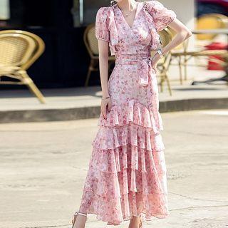 Set: V-neck Floral Cropped Blouse + Layered Midi A-line Skirt
