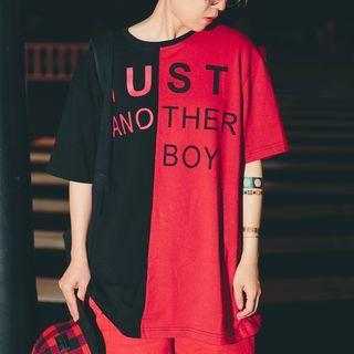 Color Panel Lettering Short-sleeve Long T-shirt