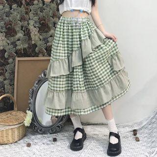 Asymmetric Plaid Midi Skirt