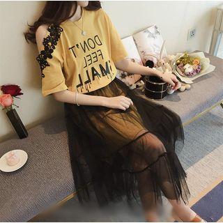 Set: Cutout Shoulder Short-sleeve T-shirt Dress + Midi Mesh Skirt