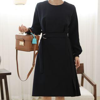 Round-neck Buckled A-line Midi Dress