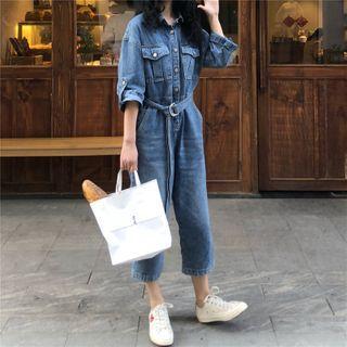Straight-cut Denim Cargo Jumpsuit