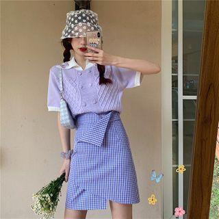 Contrast Trim Short-sleeve Knit Top / Gingham Mini Straight-fit Skirt