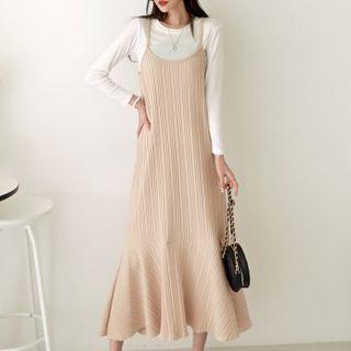 Ruffle-hem Pleated Maxi Overall Dress