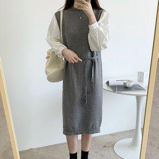 Puff-sleeve Two Tone Knit Midi Dress