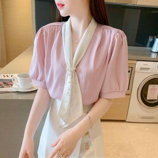 Puff-sleeve Tie-neck Faux Pearl Blouse