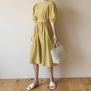 Slit Button-back Shirred Long Dress Mustard Yellow - One Size