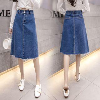 Midi Frayed A-line Denim Skirt