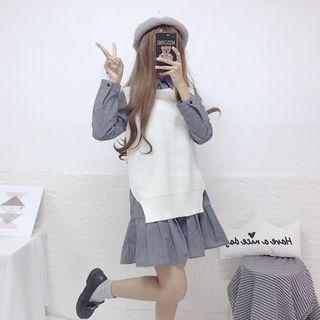 Long-sleeve Mini Pleated Dress / Knit Vest
