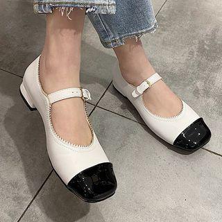 Color Panel Faux Leather Mary Jane Low Heel Pumps