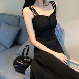 Plain Spaghetti Strap Midi A-line Dress Black - One Size