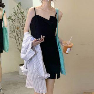 Striped Shirt / Spaghetti Strap Asymmetrical Mini Dress