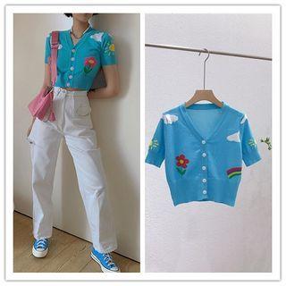 Short-sleeve Jacquard Knit Top Blue - One Size