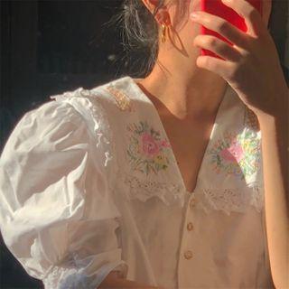 Floral Embroidered Collar Lace-trim Puff-sleeve Blouse White - One Size