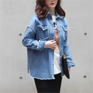 Fray-hem Denim Jacket Blue - One Size
