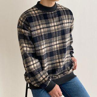 Mock-neck Boxy Plaid Pullover