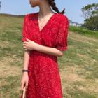Elbow-sleeve V-neck Dotted A-line Midi Dress Red - One Size