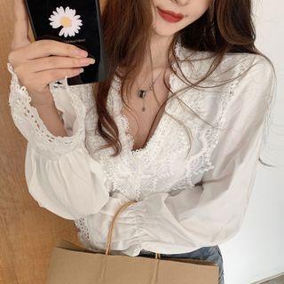 Lace Trim Bell-sleeve Blouse White - One Size