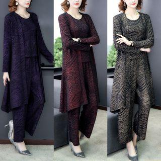 Set: Patterned Short-sleeve Top + Wide-leg Pants + Open-front Jacket