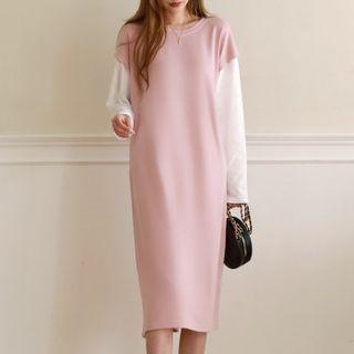 Contrast-sleeve Round-neck Midi Dress