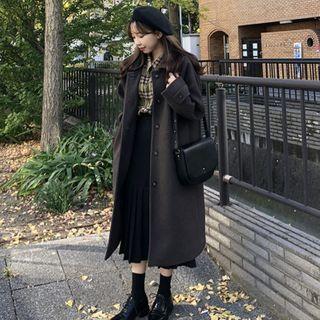 Plain Single-breasted Coat / Pleated Knit Midi A-line Skirt