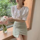 Ruffled Elbow-sleeve Chiffon Blouse / Mini A-line Skirt / Set