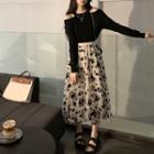 Floral Mesh Midi A-line Skirt / Long-sleeve Cold Shoulder Top