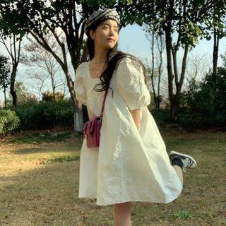 Puff-sleeve Square-neck A-line Dress White - One Size