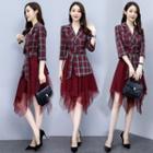 3/4 Sleeve Notch Lapel Mesh Panel Plaid Coatdress