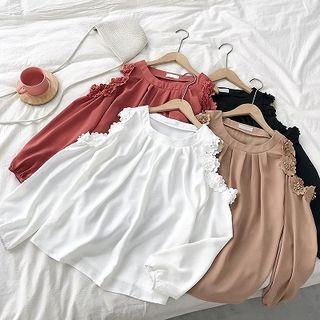 Chiffon Crewneck Off-shoulder Long-sleeve Top