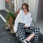 V-neck Cold-shoulder Lantern Sleeve Top / Two-tone Plaid High Waist Wide Leg Pants