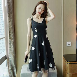 Swan Embroidered Spaghetti Strap A-line Dress