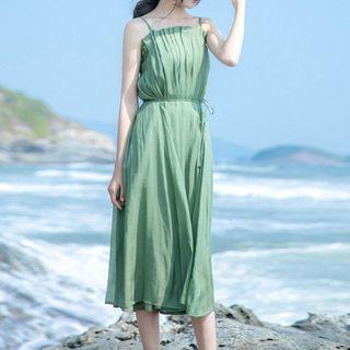 Spaghetti-strap Ruched Midi A-line Dress