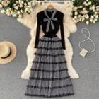 Bow Collar Knit Panel Print Lace Dress