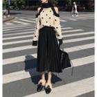 Mock Neck Dotted Cold Shoulder Sweater / Accordion Pleat Midi Skirt