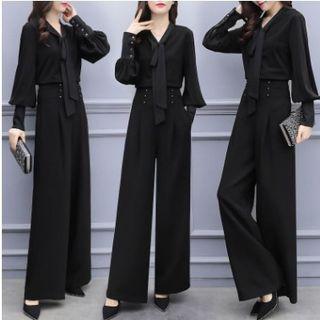 Set: Balloon-sleeve Blouse + Wide-leg Pants