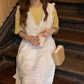 Elbow-sleeve T-shirt / Lace Pinafore Dress / Set