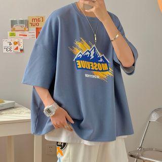 Mountain & Lettering Print Oversized Tee
