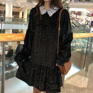 Long-sleeve Lace Collar Mini Glitter Dress