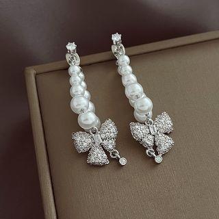 Butterfly Alloy Faux Pearl Dangle Earring 1 Pair - Silver & White - One Size