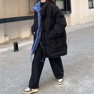Reversible Stand Collar Padded Coat Blue & Black - One Size